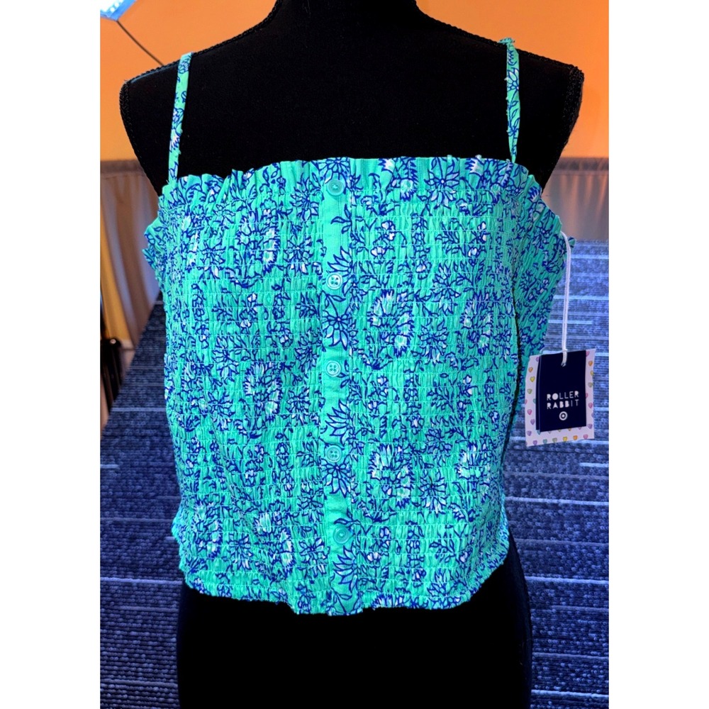 Roller Rabbit Tank Top Womens M Aqua Blue Floral NEW Smocked Button Camisole